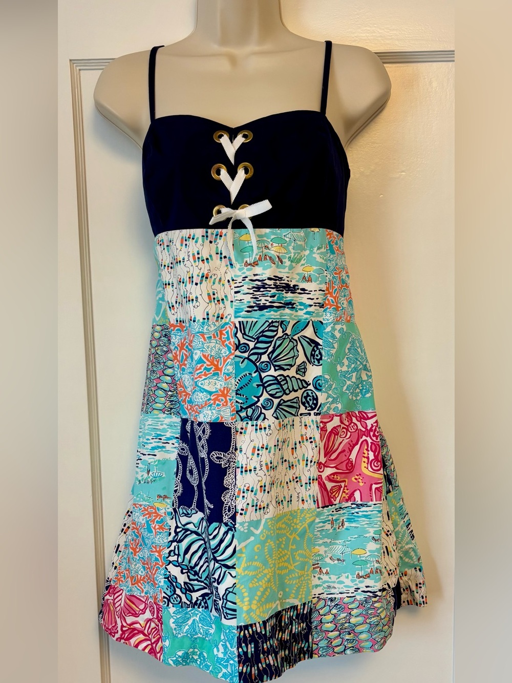 Lilly Pulitzer Rilee Dress “Sailor Patch” Nautical Patchwork Lace-Up Sundress
